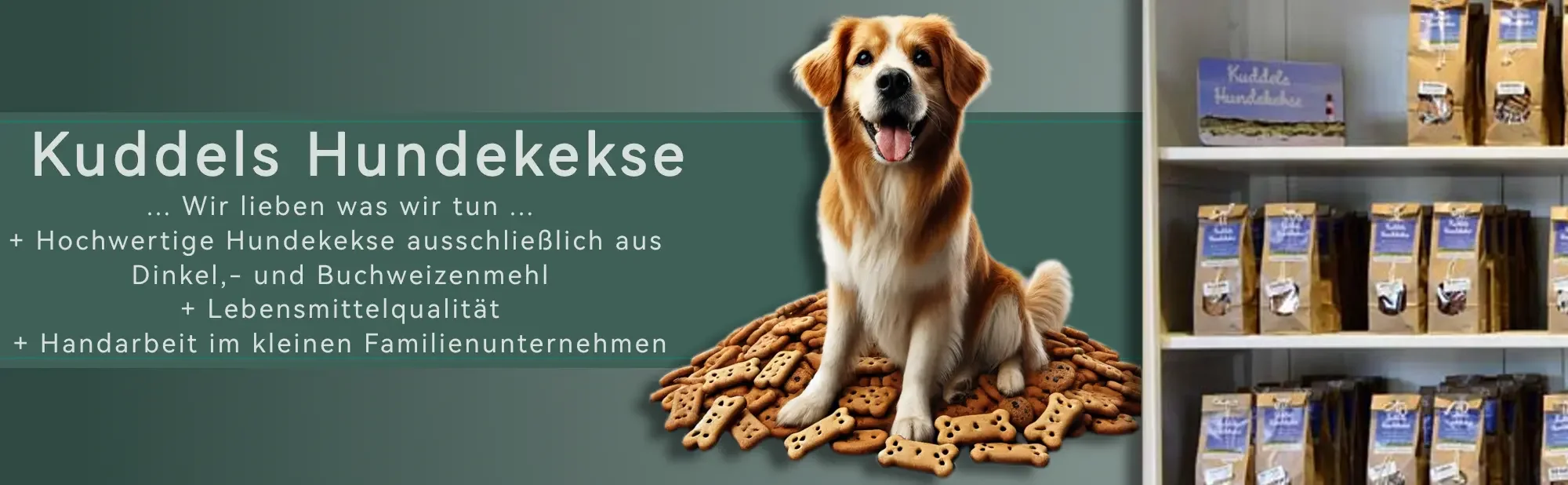 Ein Hunde sitz in einem Berg Hundekekse